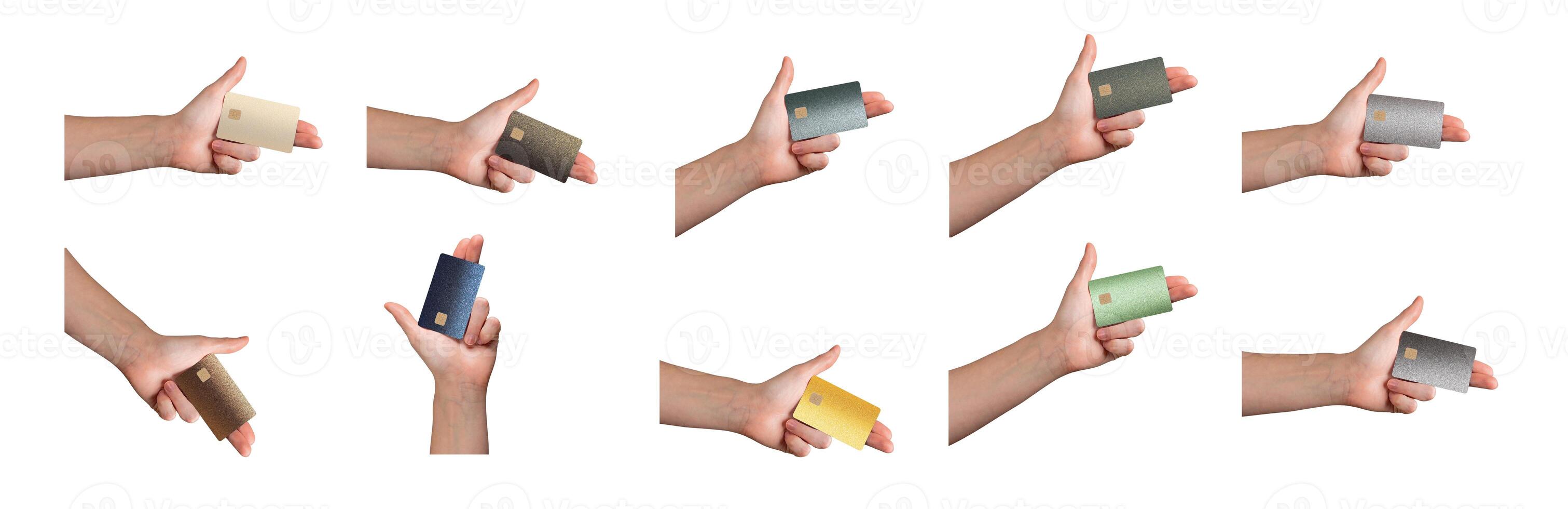 Bank card in hand, holding a collection of different credit cards for online purchase and financial photo