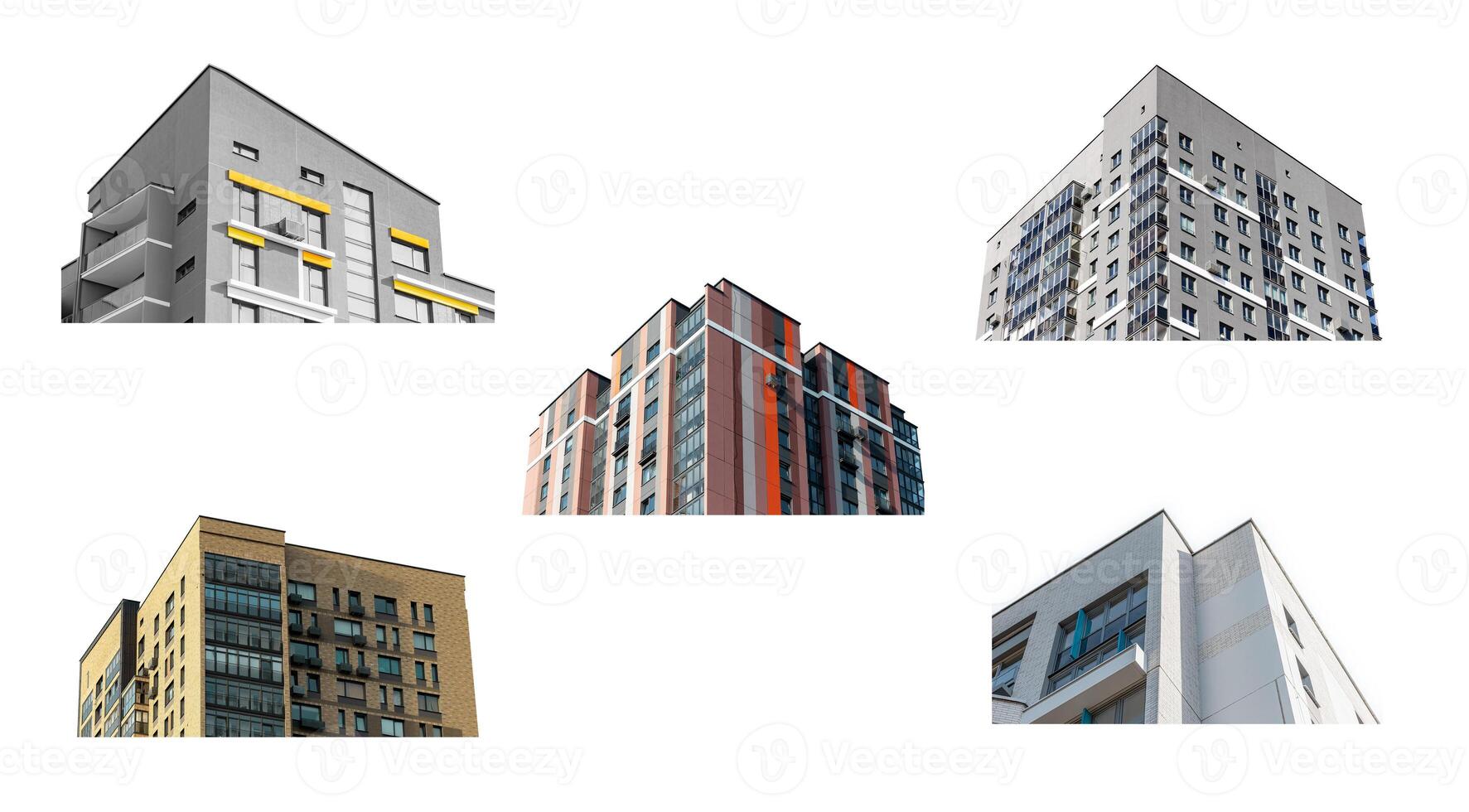Contemporary multi storey buildings set, modern architecture with a colorful facade and large photo