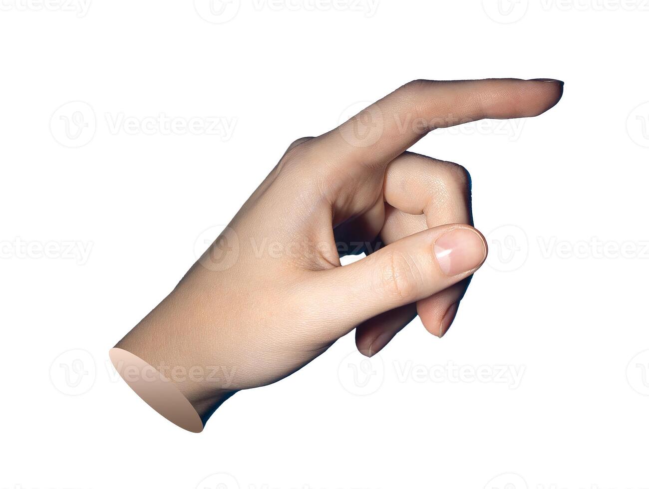 Finger pointing gesture with forefinger and thumb in interactive tap pose. Female hand showing photo