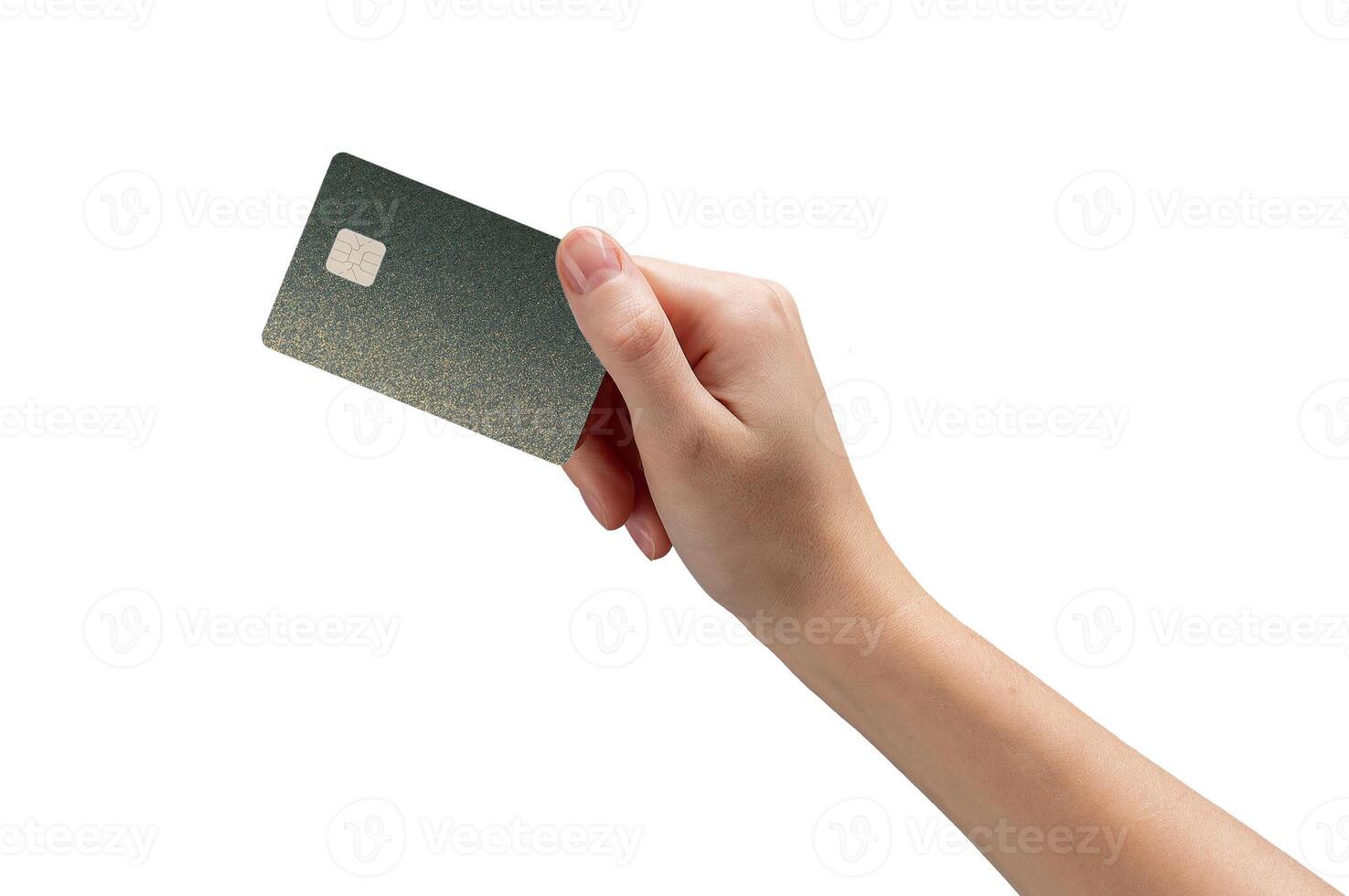 Bank card in hand, showcasing debit or credit card with chip for online payment. Representing modern photo