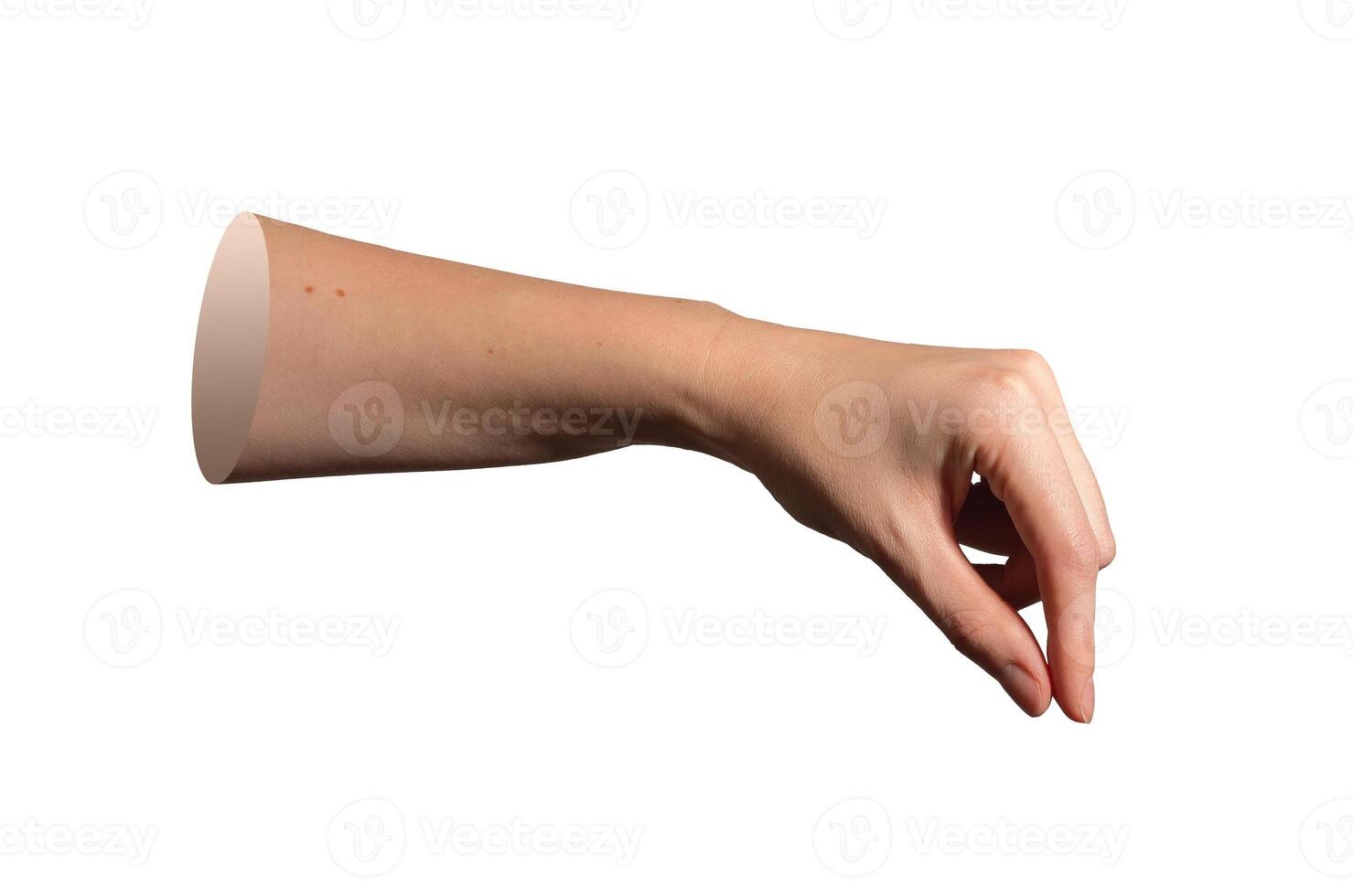 Hand holding fingers pinching tiny invisible item in closeup side view. showing precise measurement photo