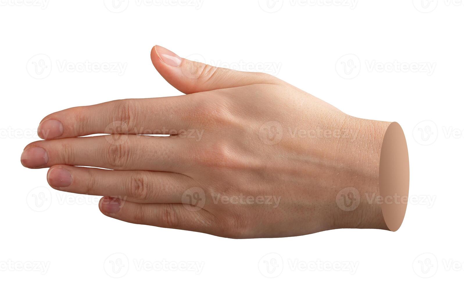 Hand gesture with fingers in a straight posture, side view. A neutral handshake or karate chop pose. photo