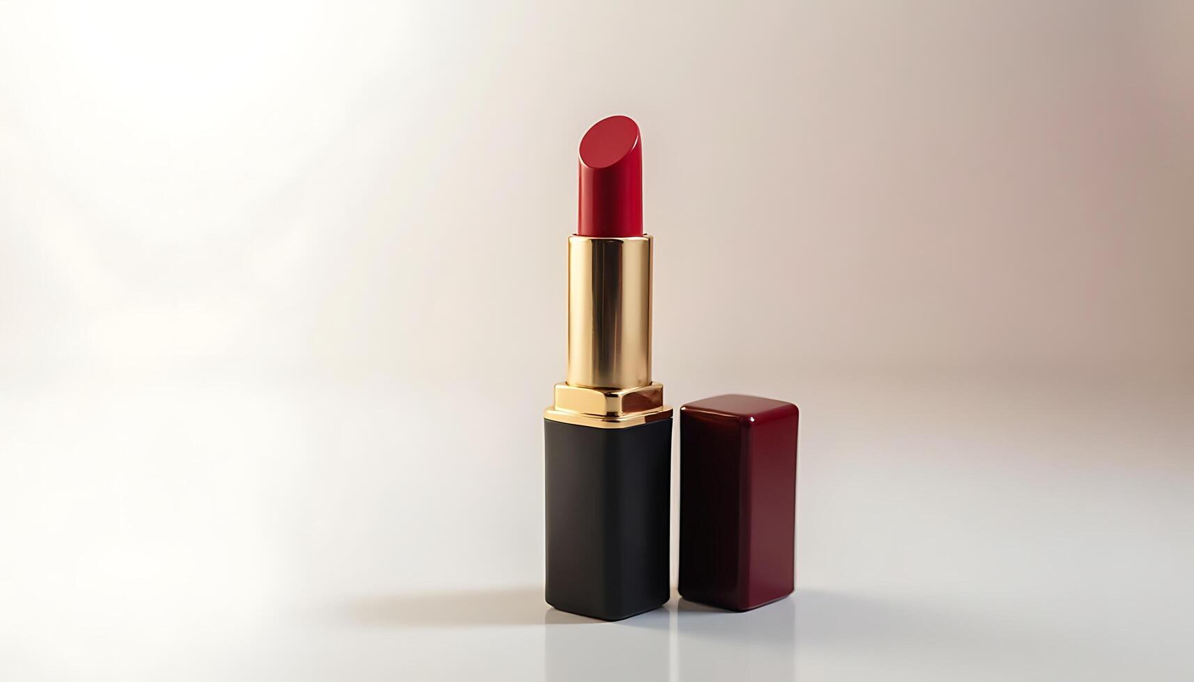 Close up image of a red lipstick with black and gold case on white background Generated using AI photo