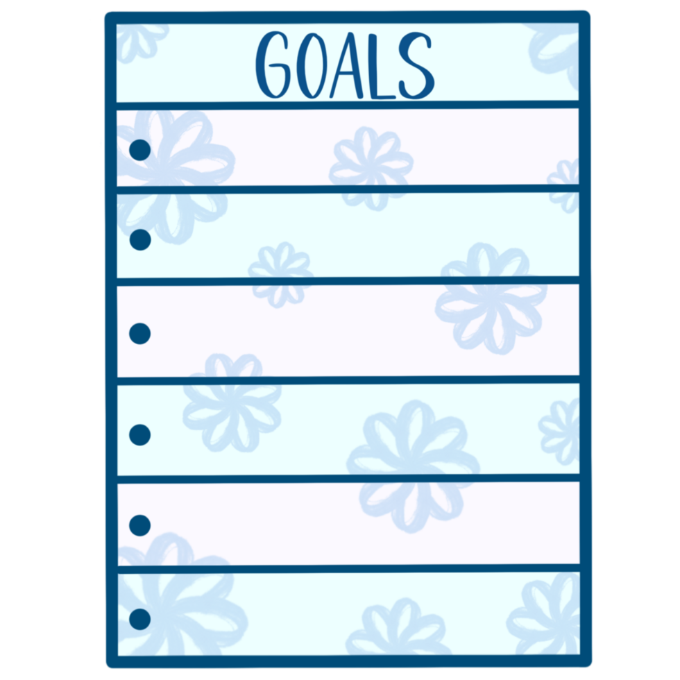 Goals on a blue floral lined paper with dot points png