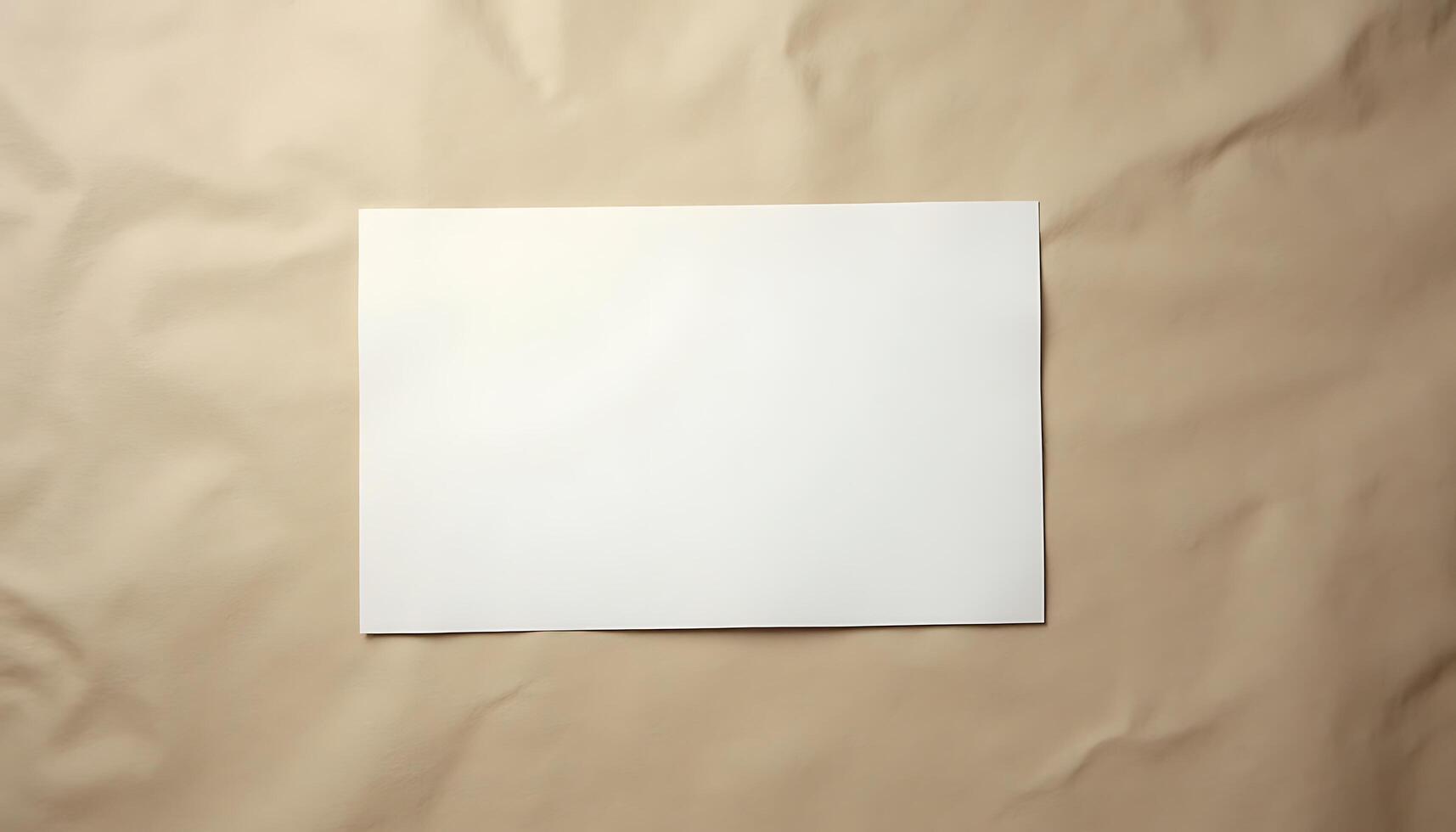 Blank white rectangular paper sheet on beige crumpled fabric background simple minimalistic style Created by using AI photo