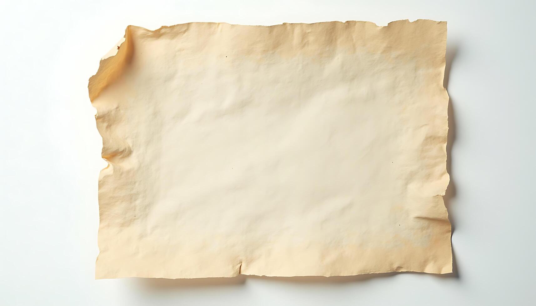 Aged parchment paper with worn edges on white background description by using AI photo