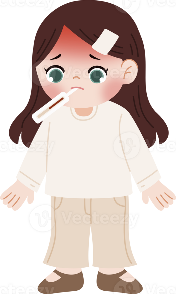girl have fever using termometer png