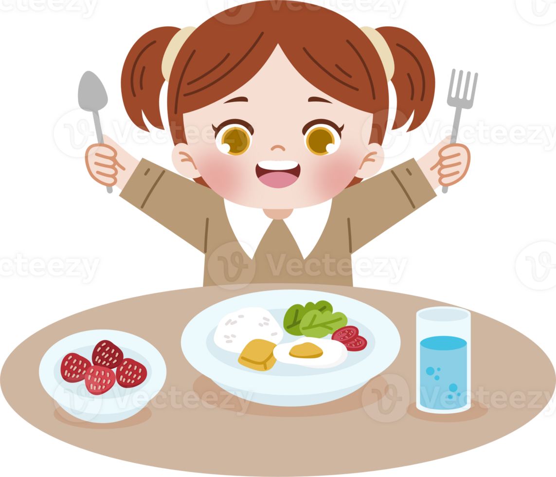 girl ready to eat holding fork and spoon png