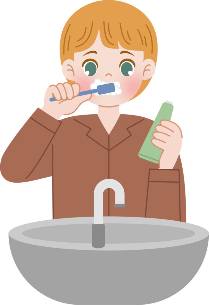 boy brushing teeth while holding toothpaste png