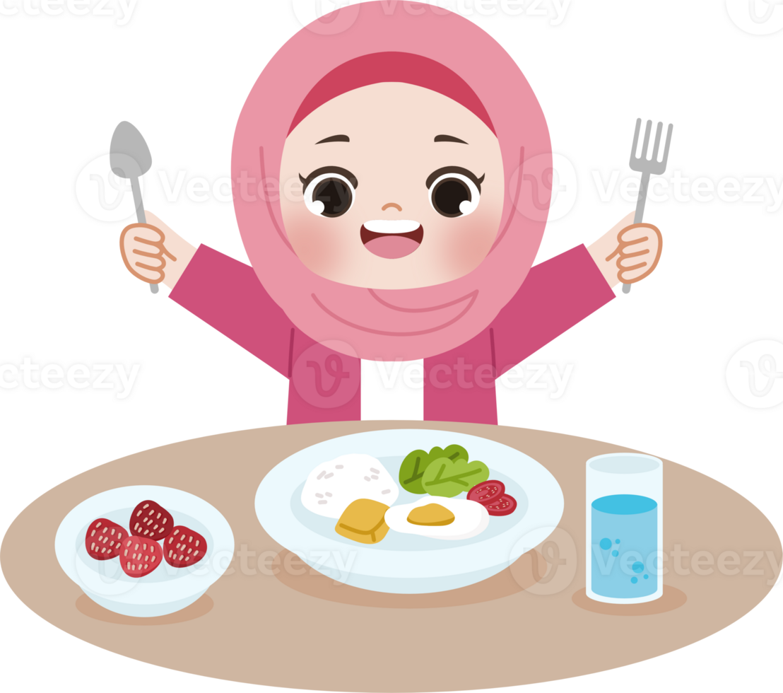 muslim girl eating using fork and spoon png