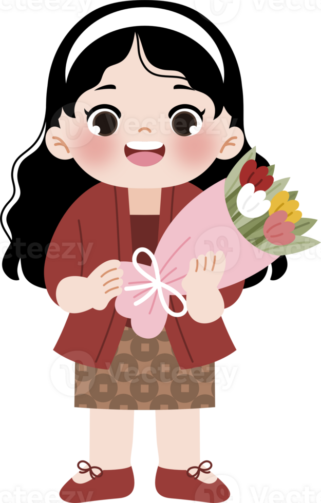 girl wear kebaya holding flower bouquet png