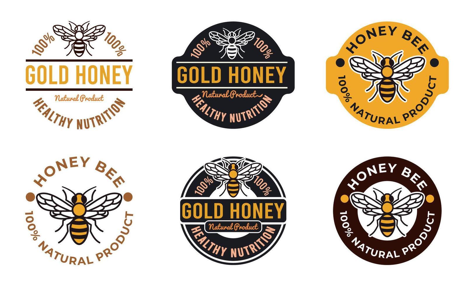 Honey Bee Label Collection for 100 percent Organic, Natural and Healthy Honey Product Stamp vector