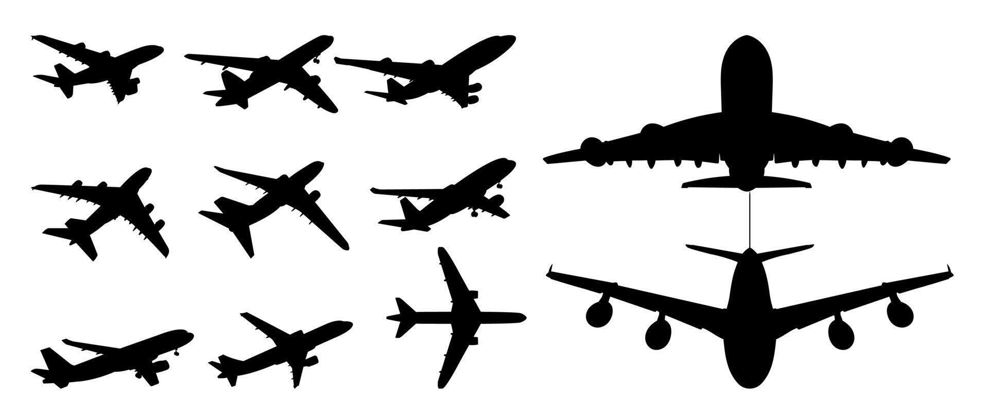 Airplane Silhouettes in Motion - Set of Flying Aircraft Icons for Travel and Transport Design vector