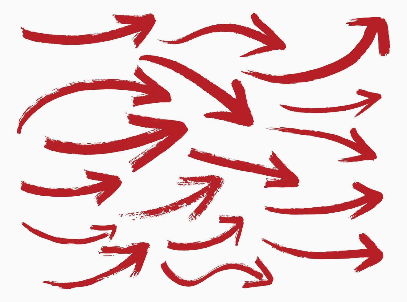 Set of Hand-Drawn Arrows Created with Red Brush Strokes. Bold Ink Directional Marks Isolated on White Background for Highlight and Emphasis vector