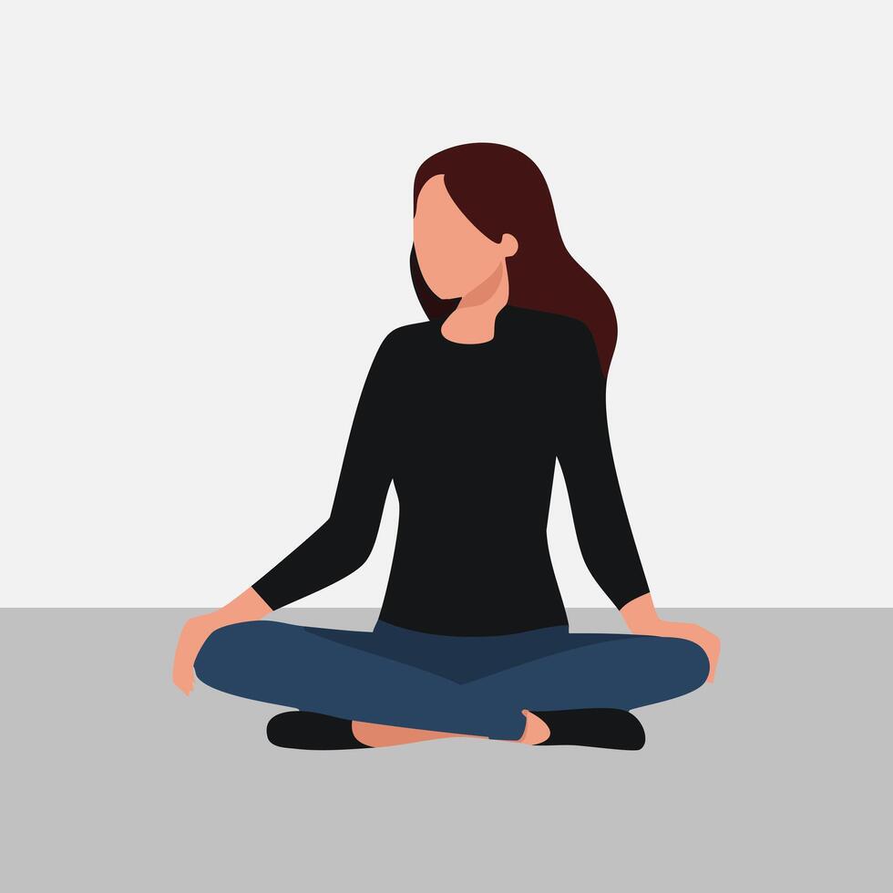 A young woman sitting cross legged on the floor and meditating. Meditation, relaxation at home, spiritual practice, yoga and breathing exercise vector