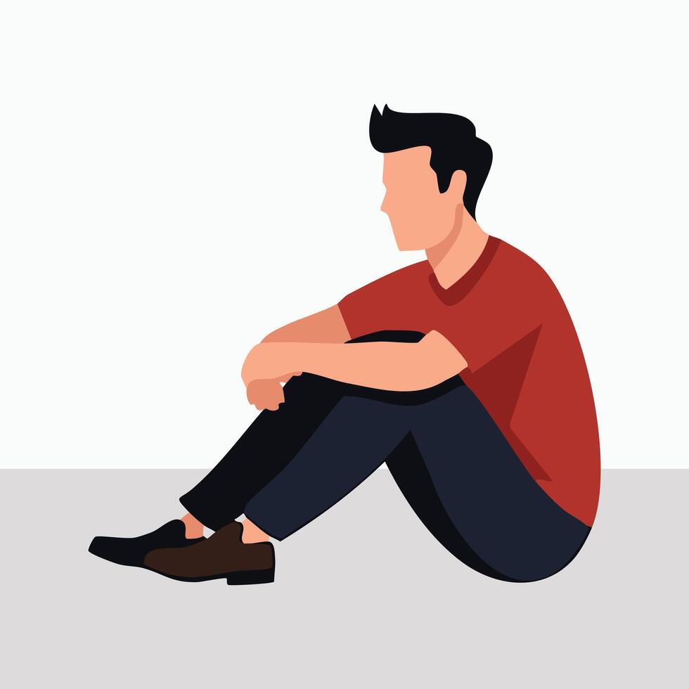 A young man depressed male character sitting on the floor and holding their knee vector