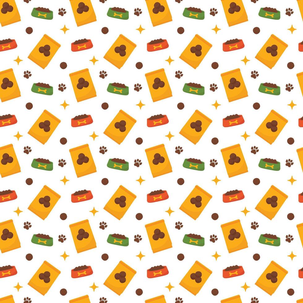 Seamless dog food pattern with bowl and paw. Pet feed print with footprint and meal vector