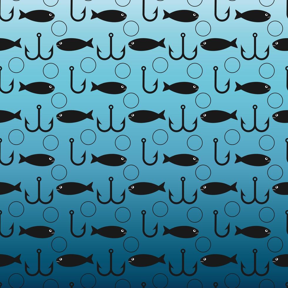 Fishing tackle hook. Seamless fishing hook pattern with fish on underwater ocean background vector