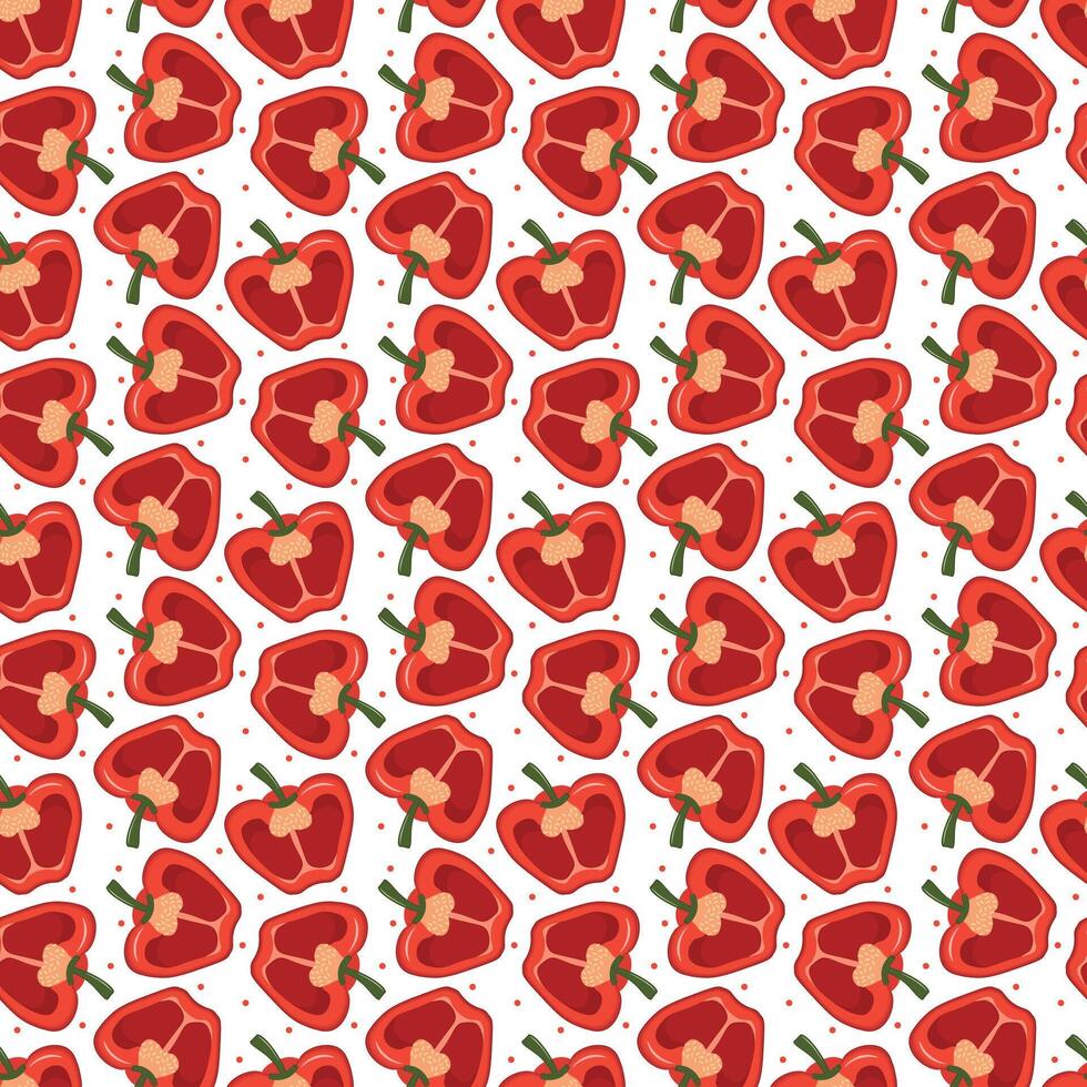 Seamless red pepper pattern with slices. Fresh vegetable bell peppers background vector