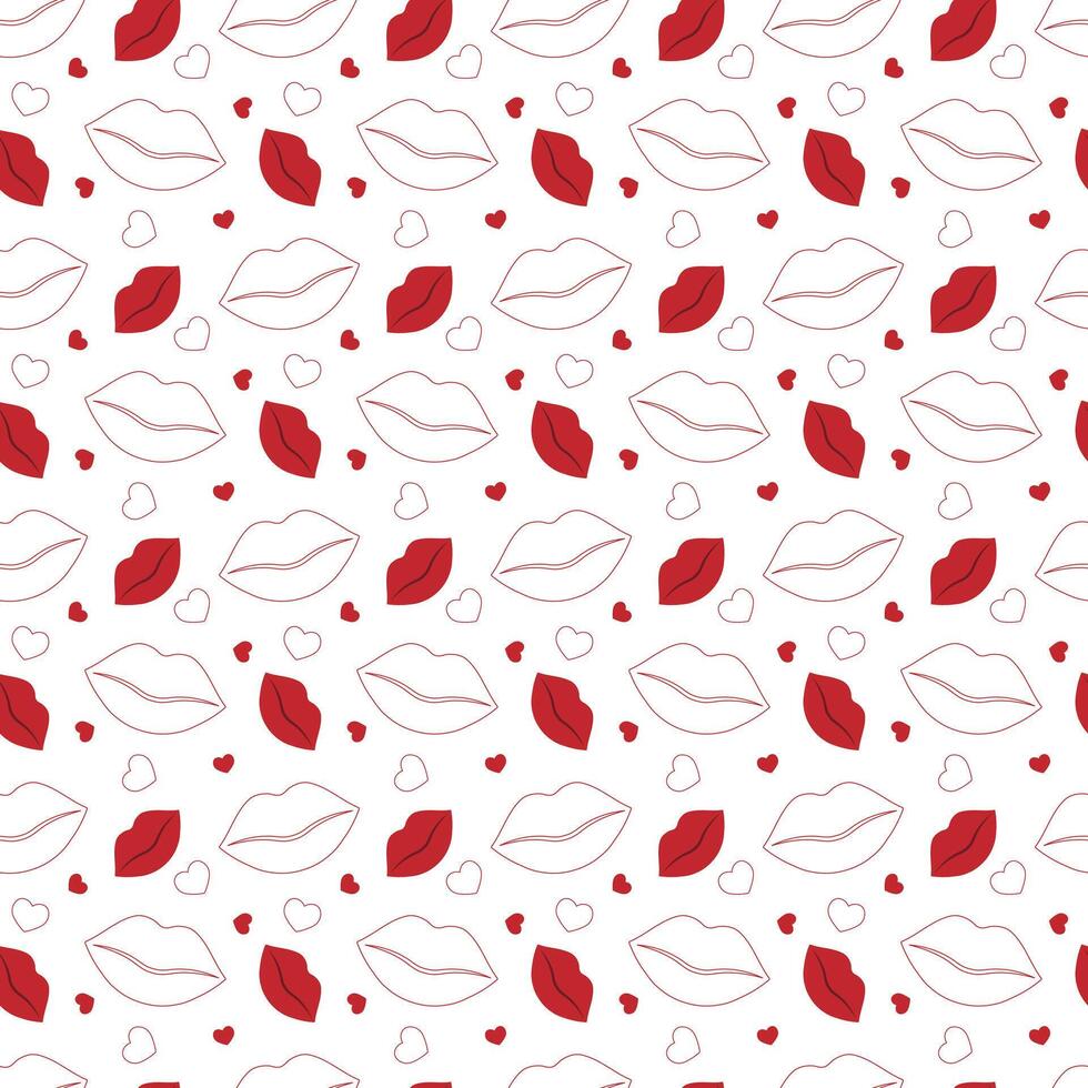 Seamless red lips pattern with romantic kiss and hearts. Glamorous romantic beauty design vector
