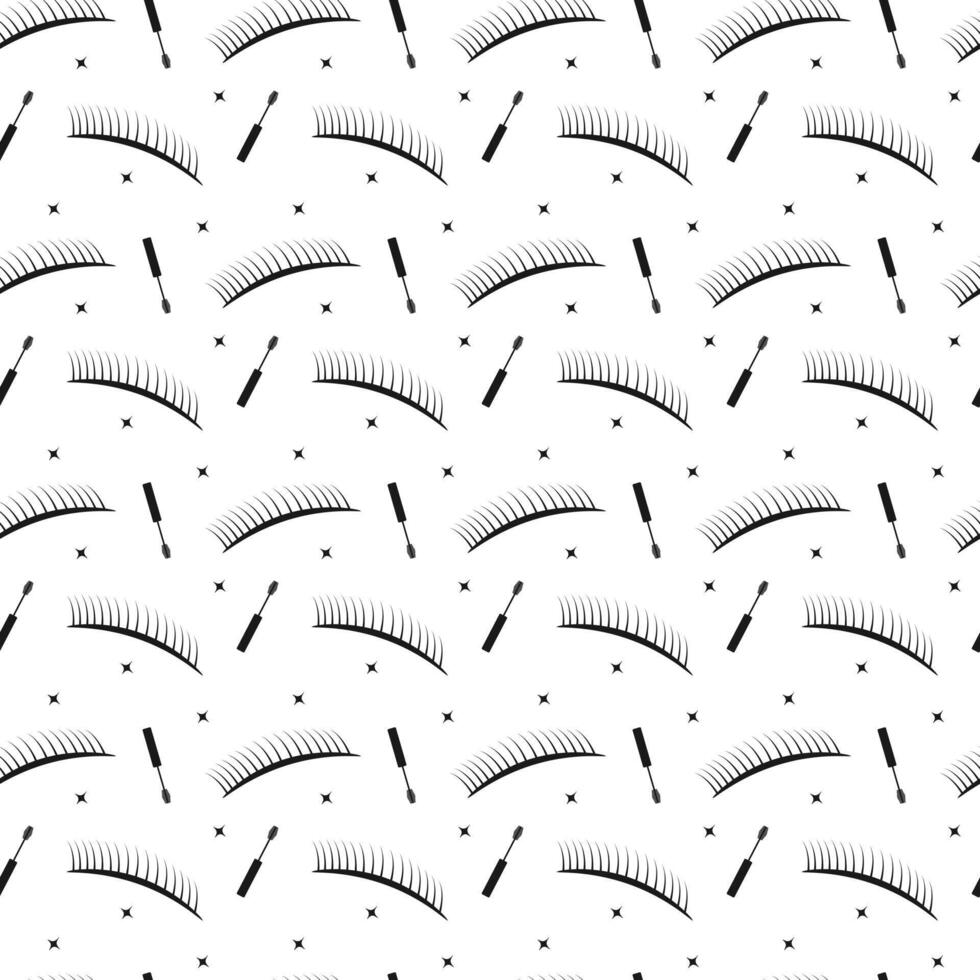 Seamless eyelash pattern with mascara wands. Beauty cosmetic mascara with lashes vector