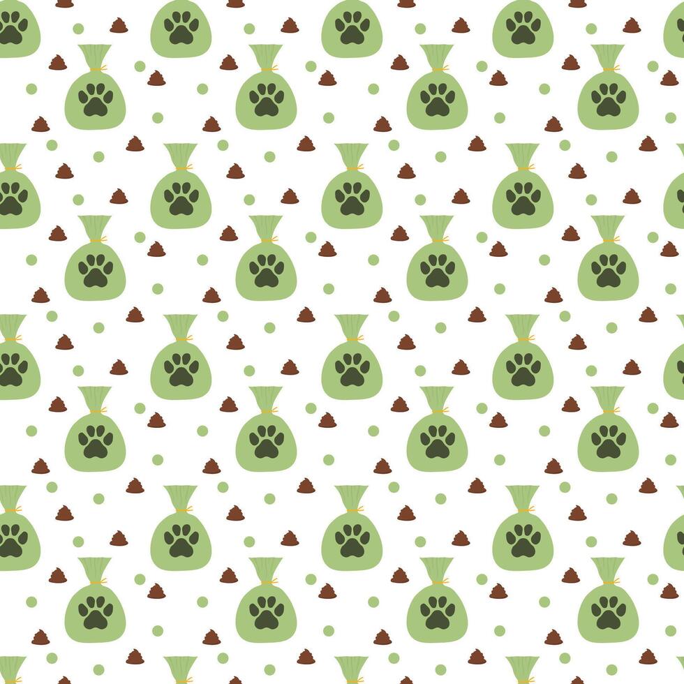 Seamless green poop bag pattern with pet waste cleanup. Dog or cat pet care background vector