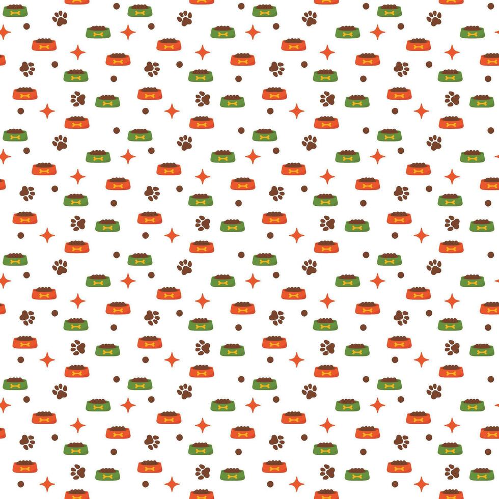 Dog or cat bowl background. Seamless pet pattern with food bowl and paw for pet design vector