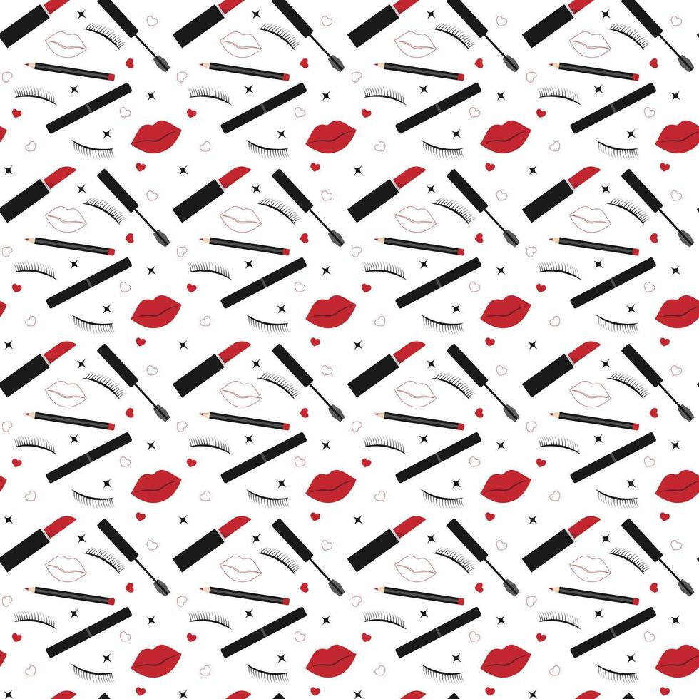 Seamless makeup pattern with red lipstick, eyelashes and hearts. Beauty cosmetic background vector
