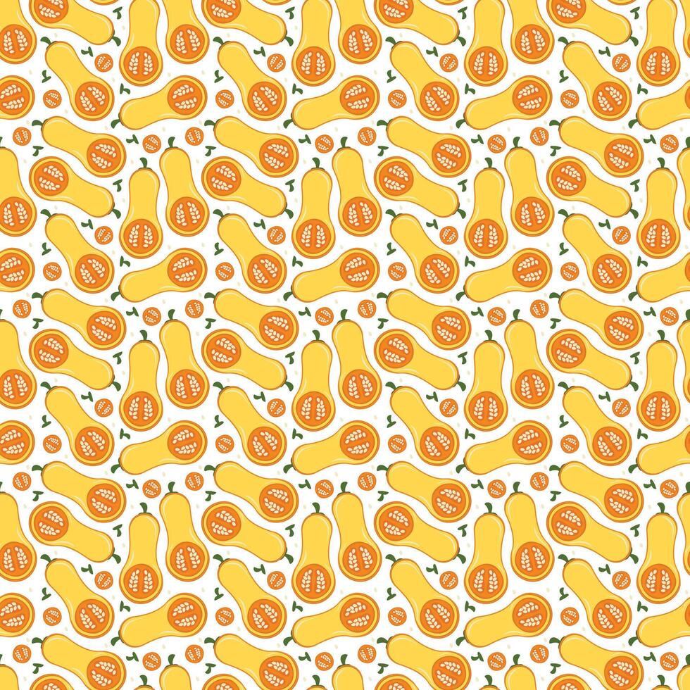 Fresh squash pattern. Seamless pumpkin pattern with seeds for fall harvest. healthy food background vector