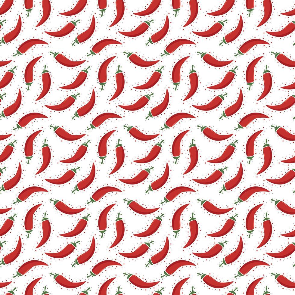 Seamless red chili pepper pattern with red dots. Fresh vegetable chili spicy peppers background vector