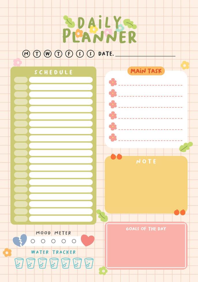 hand drawn daily planner design with mood and water tracker page vector
