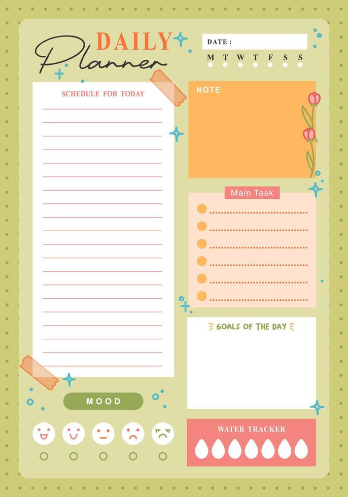 green pastel daily planner design with note and mood tracker template page vector