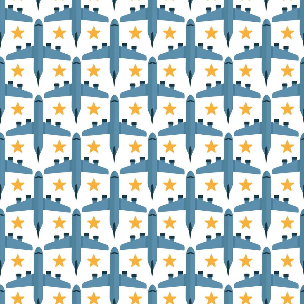 Seamless sky design with cartoon aircraft with stars. Airplane travel pattern vector