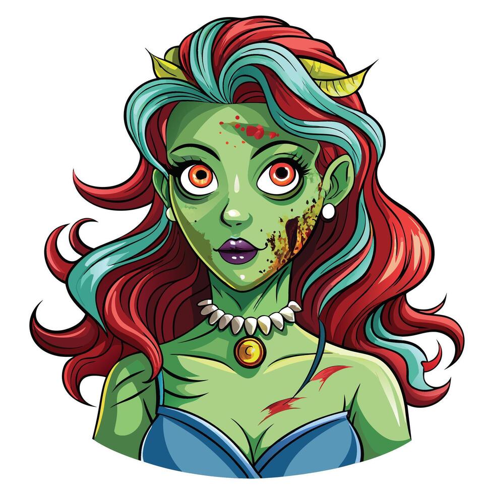 Halloween green ghost zombie illustration on full moon night a cartoon zombie woman with red hair and green eyes vector