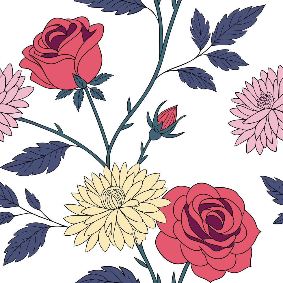Seamless wallpaper pattern of flowers, roses for partition background a floral pattern with roses and leaves vector
