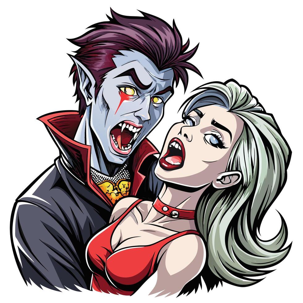 Halloween Dracula Vampire Bloodsucking Illustration Full Moon Night cartoon vampire couple with vampire teeth vector