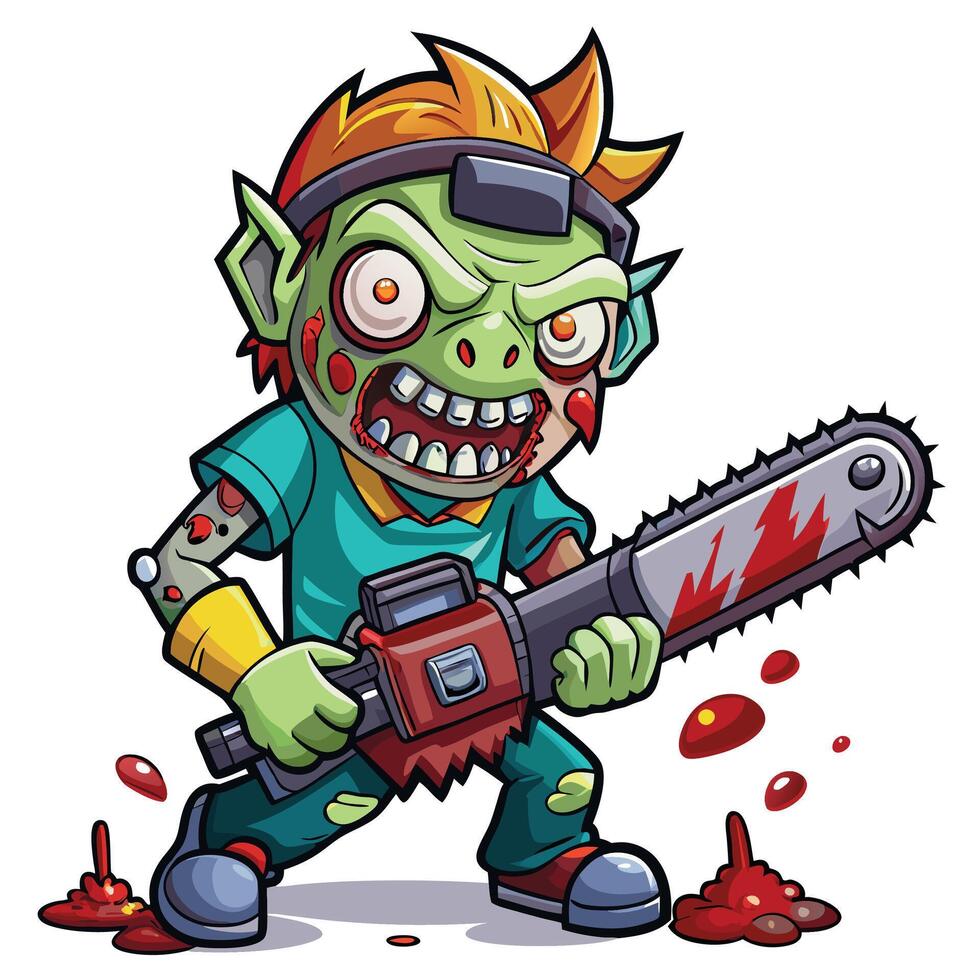 Halloween green ghost zombie illustration on full moon night zombie with chainsaw vector