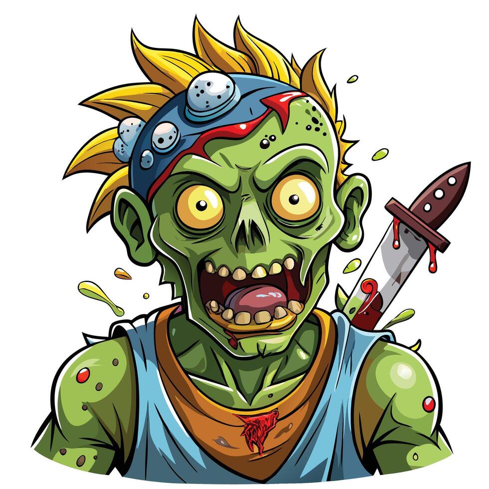 Halloween green ghost zombie illustration on full moon night cartoon zombie with knife vector