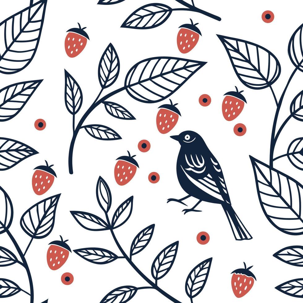 Seamless wallpaper pattern of flowers, roses for partition background a bird and berries on a white background vector