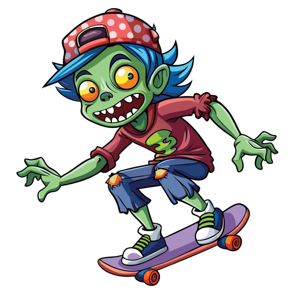Halloween green ghost zombie illustration on full moon night cartoon zombie skateboarding vector