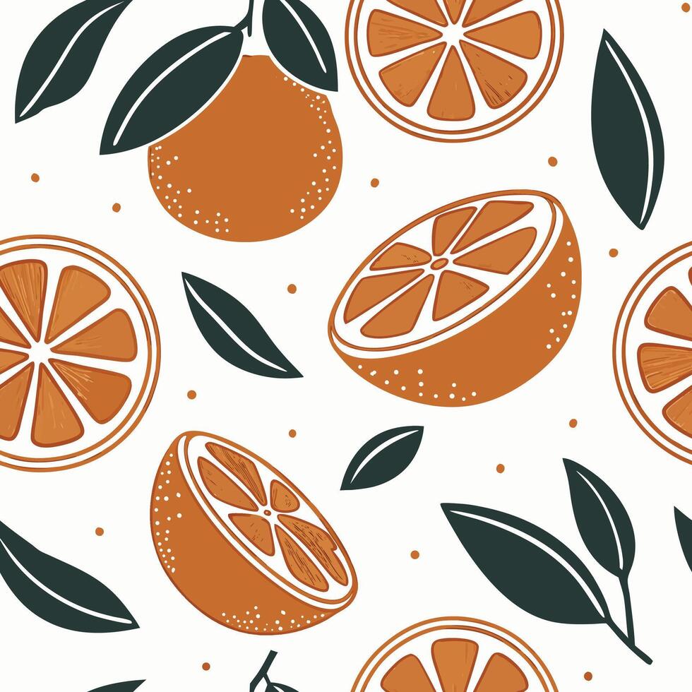 orange seamless pattern with oranges and leaves vector