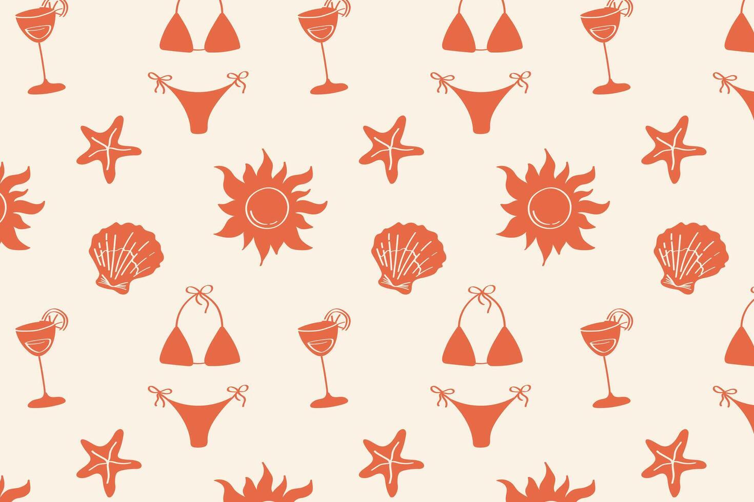pattern with cocktail glasses, shells, sun, dripper. Retro summer beach elements vector
