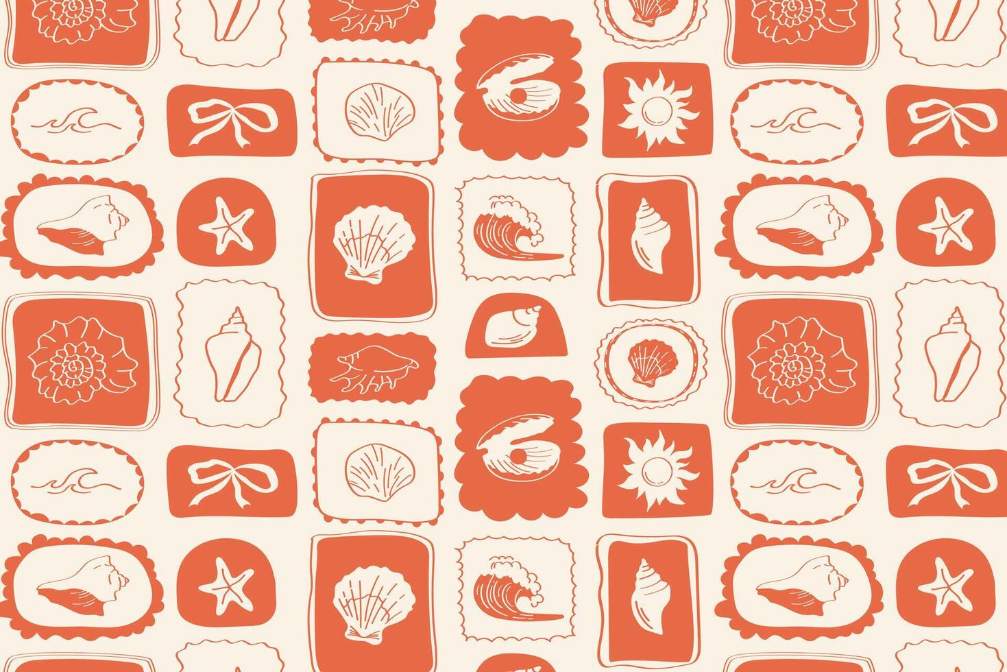 pattern of framed ocean icons shells, flowers, sun, ribbons and waves in coral red and white marine design with playful retro style. vector