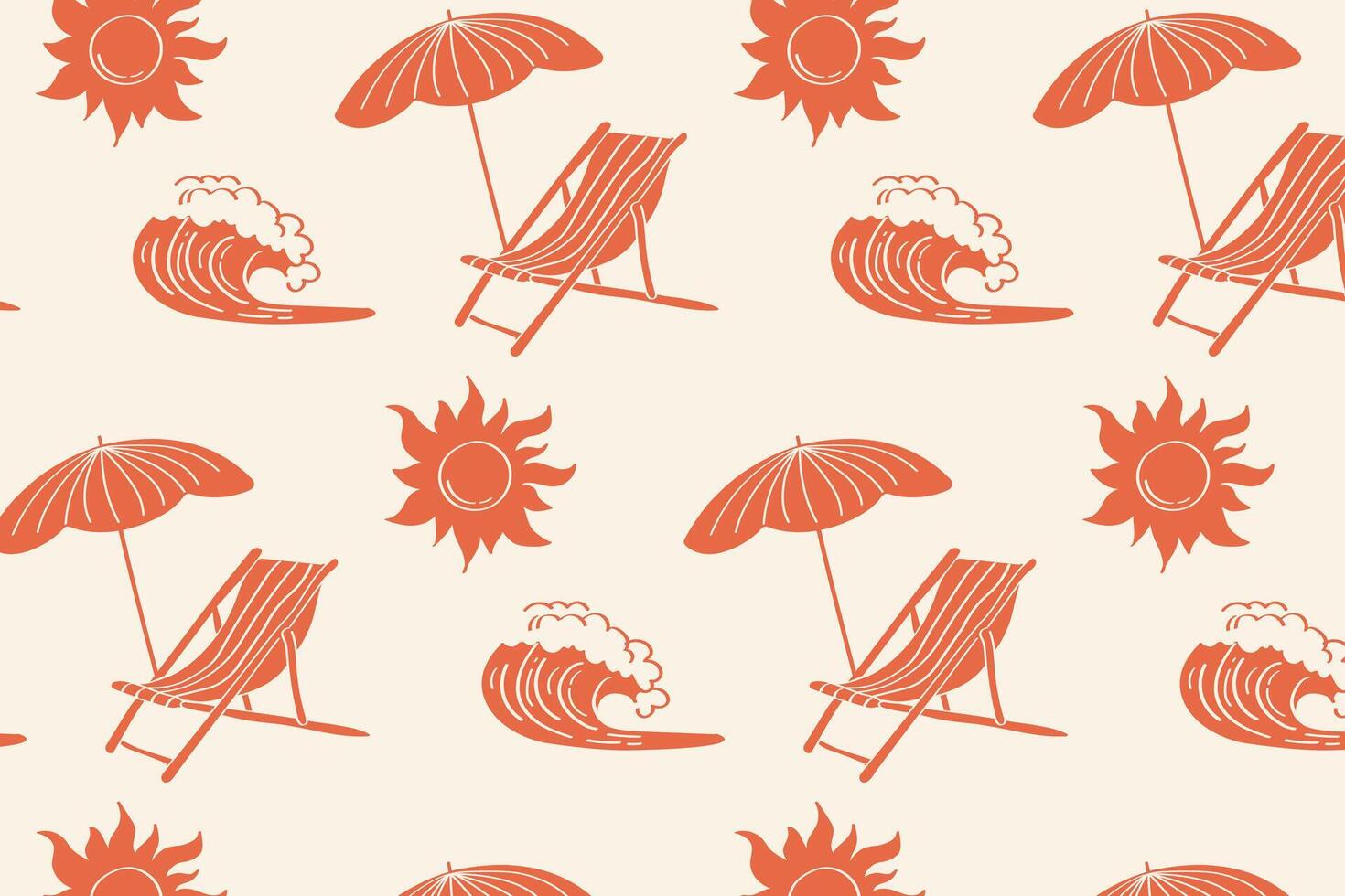 Retro summer beach pattern with umbrellas, waves and deckchairs vector