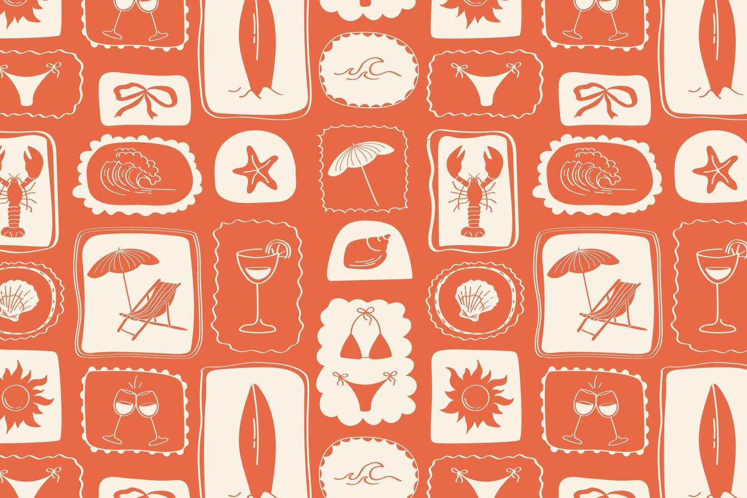 Colorful retro summer collage pattern with sea, vacation and beach symbols in stylized blocks, mosaic floral print. Textile pattern vector