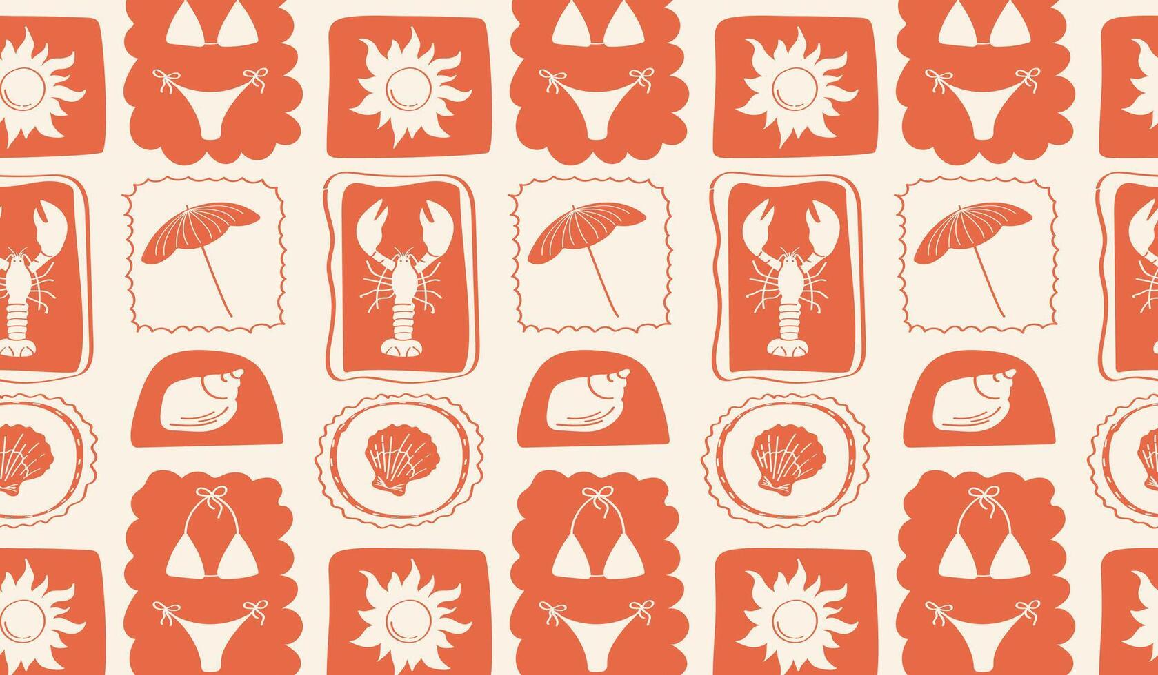 Retro summer pattern vintage summer print with lobsters, sun, swimsuits, umbrellas, shells in retro frames. Vintage sea print. vector