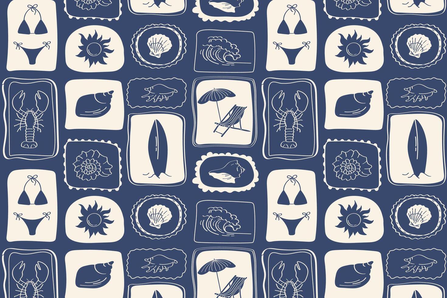 nautical pattern with marine symbols in square frames hand drawn nautical themed design with bikini, lobster, surfboard and waves in vintage navy blue color vector
