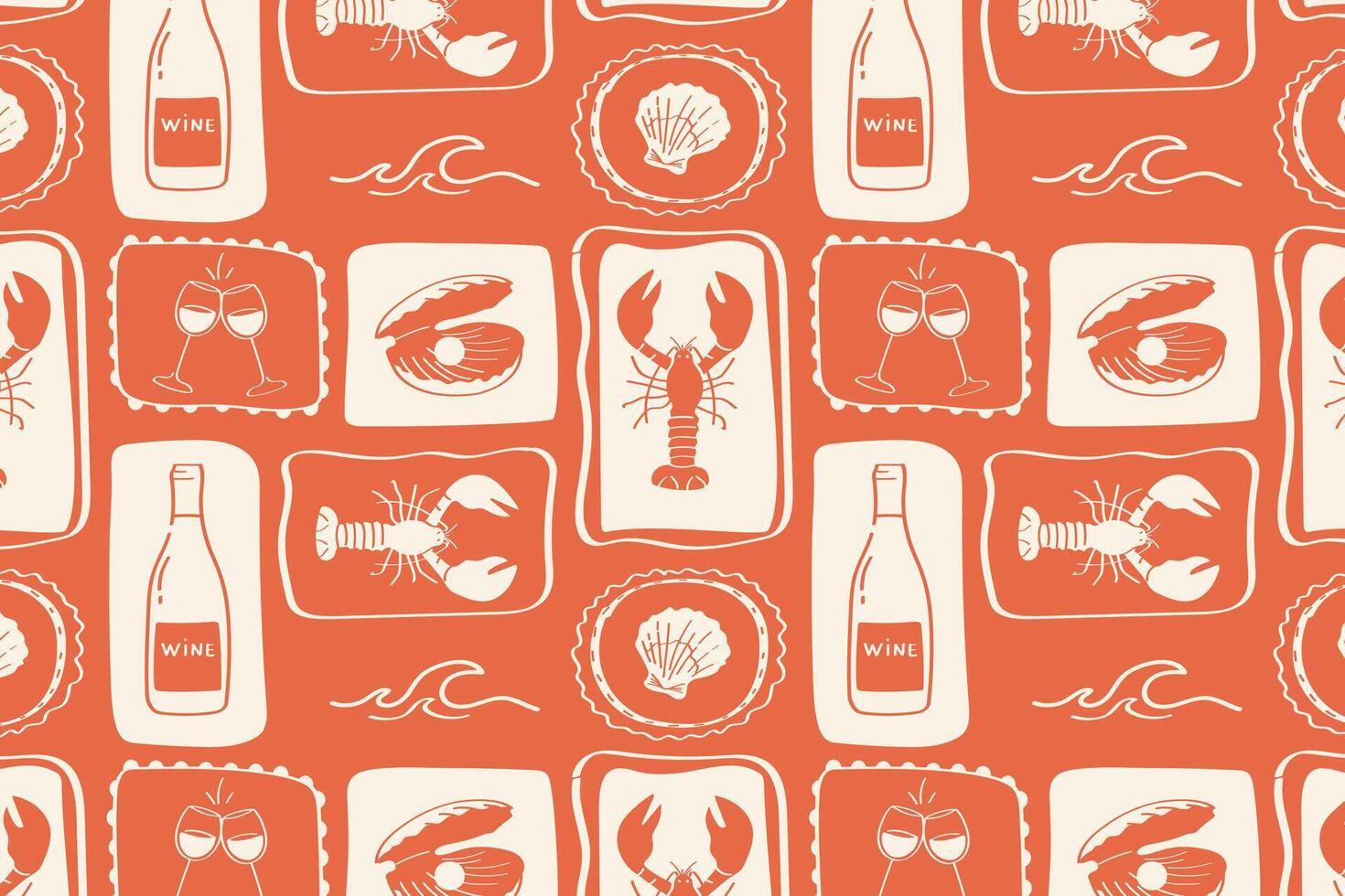 pattern with seafood, wine and summer with hand drawn square icons in coral red on light background. vector