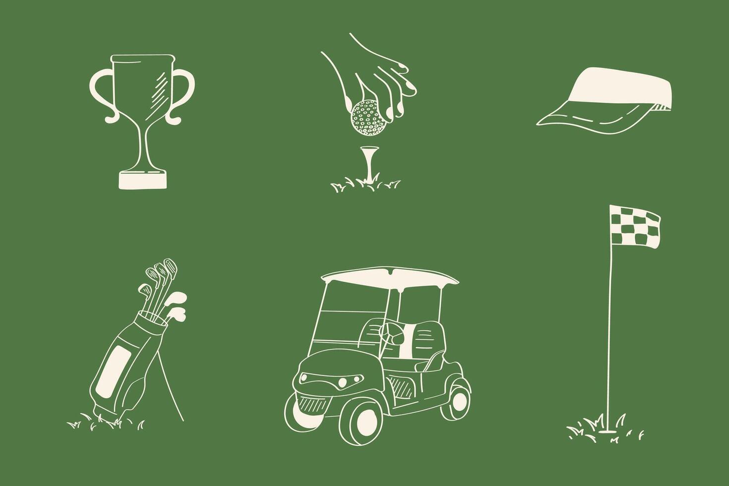 Golf icon collection with trophy, hand placing ball, golf bag, cap, cart and flag. Use for branding, sports infographics, packaging and merchandise. vector