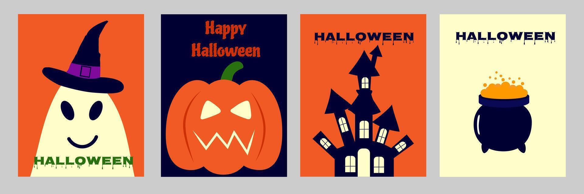 Festive images created especially for Halloween. The design features classic Halloween symbols, including a pumpkin, a friendly ghost, a creepy house, and a cauldron of potions vector